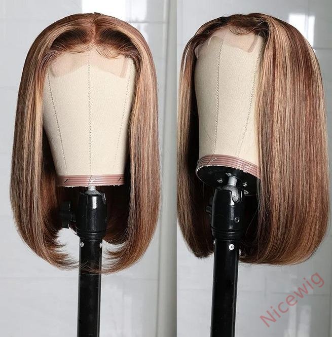 Straight Bob Wig Brown Mixed Blonde Highlights Wig