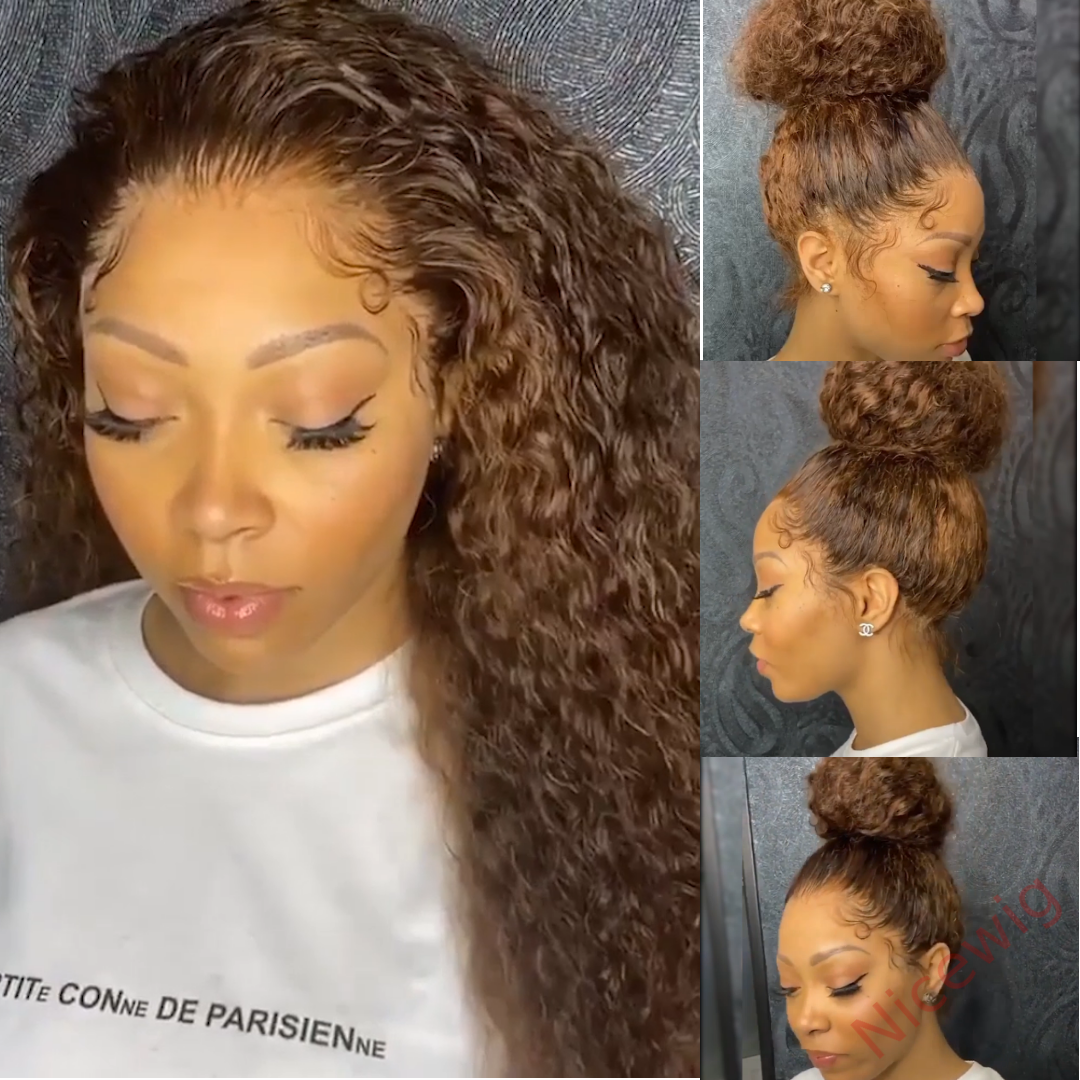 Glueless Brown Brazilian Water Wave Long Curly Wigs