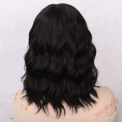 Natural Black Medium Hair Bob Body Wave Wig With Bangs