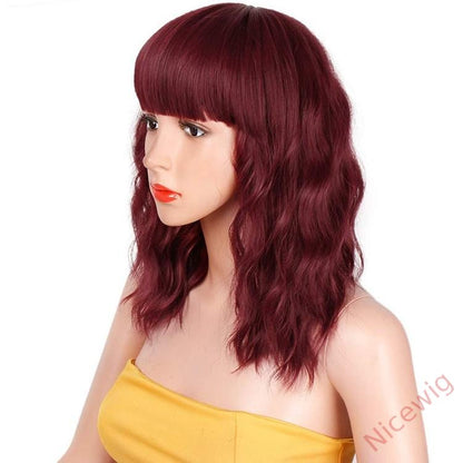 Wine Red Medium Hiar Bob Body Wave Wig With Bangs