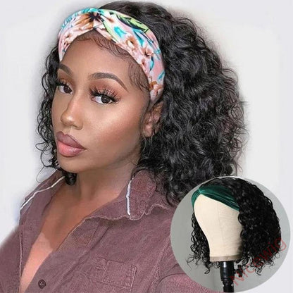 Natural Black Curly Headband Short Bob Wig