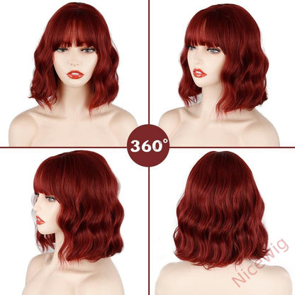 Wine Red Medium Hiar Bob Body Wave Wig With Bangs