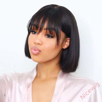Black Brazilian Straight Hair Short BOB Wigs Lady Wig With Bangs