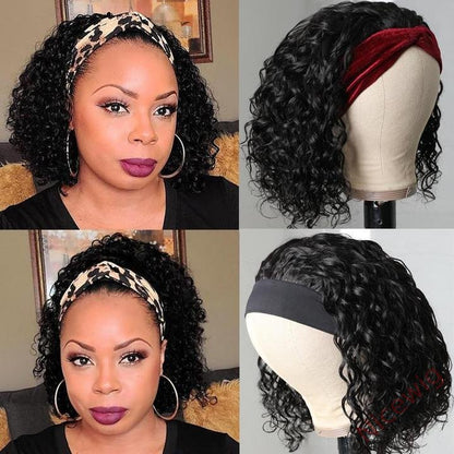 Natural Black Curly Headband Short Bob Wig