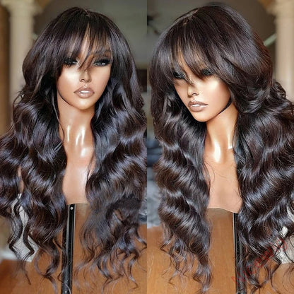 Glueless Black Long Hair Loose Deep Wave Wigs with Bangs