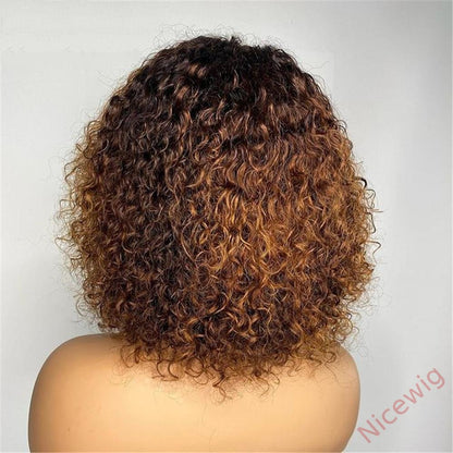 Light Brown/Black Color Brazilian Remy Curly Hair Wig With Bangs Glueless Wigs