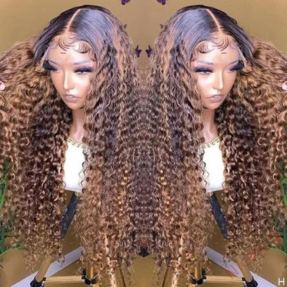Brown Mixed Blonde Brazilian Water Wave Curly Wigs
