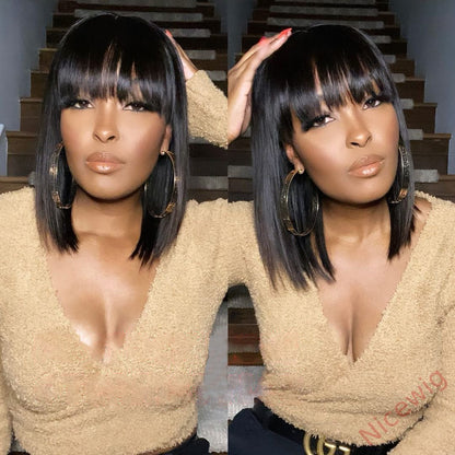 Glueless Short Bob Wig With Bangs Straight Brazilian Hair Wigs