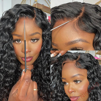 Glueless Brazilian Natural Black Water Wave Long Curly Wig