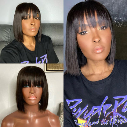 Glueless Short Bob Wig With Bangs Straight Brazilian Hair Wigs
