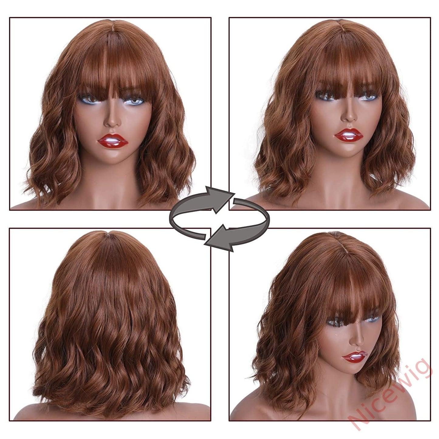 Brown Medium Hiar Bob Body Wave Wig With Bangs