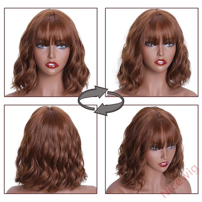 Brown Medium Hiar Bob Body Wave Wig With Bangs