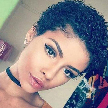 Afro Short Pixed Cut Wig Curly Hair Wig Without Bang