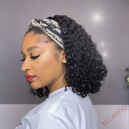 Natural Black Curly Headband Bob Wig