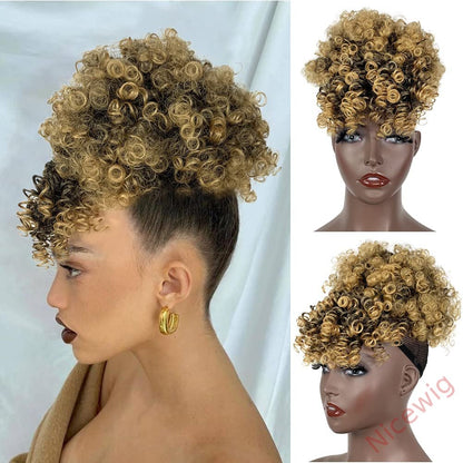 Gray Afro Puff Drawstring Ponytail with Bangs Wigs