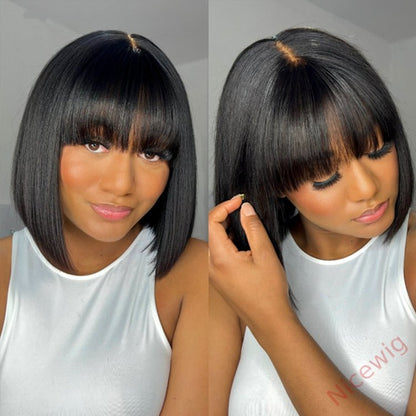 New Glueless Short Bob Wig With Bangs Straight Brazilian Hair Wigs