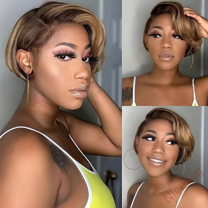 Glueless Short Wig Brown Mixed Gold Bob Straight Pixie Cut Hair