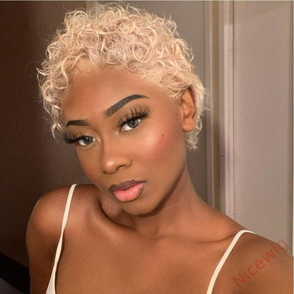 Glueless Blonde Afro Short Cut Curly Hair Wig