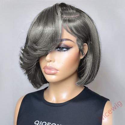 Salt and Pepper Grey Glueless Wavy Bob Hair Wig