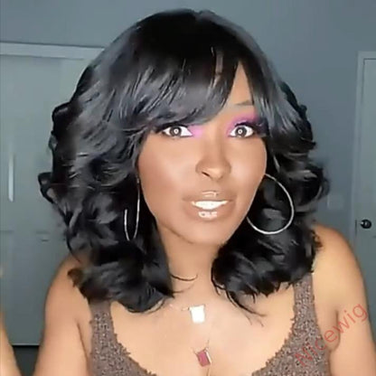 Natural Black Medium Hair Bob Body Wave Wig With Bangs
