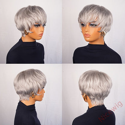 6 Inch Short Straight Pixie Cut Wig Silvery Grey 150% Density Brazilian Remy Hair