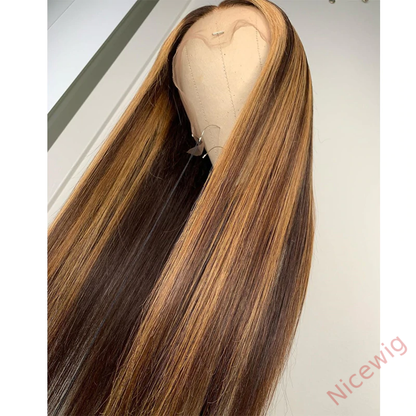 Brown Mixed Gold Highlight Straight Wigs