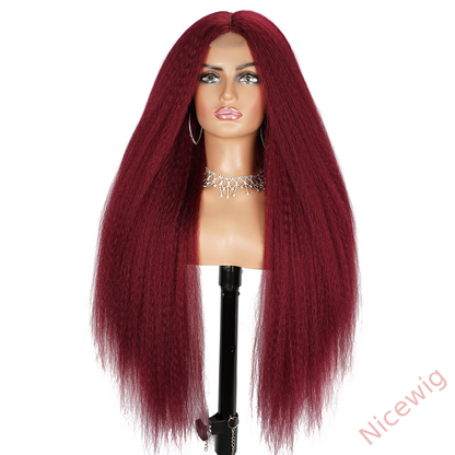 Glueless Wine Red Kinky straight 200% density brazilian Yaki Wig