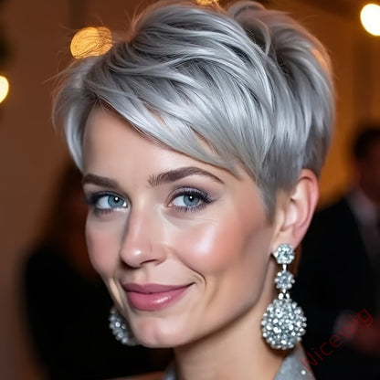 6 Inch Short Straight Pixie Cut Wig Silvery Grey 150% Density Brazilian Remy Hair