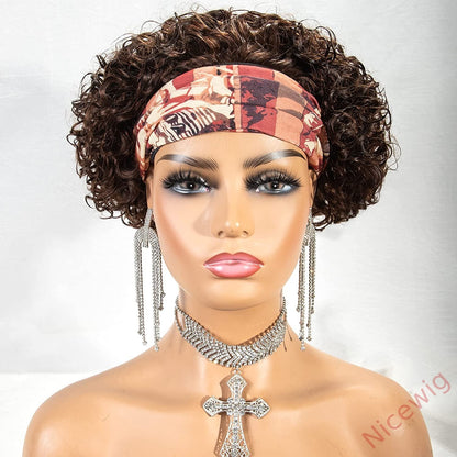 Brown Short Curly Hair Headband Bob Wig