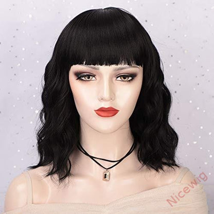 Natural Black Medium Hair Bob Body Wave Wig With Bangs