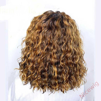 Light Brown/Black Color Brazilian Remy Curly Hair Wig With Bangs