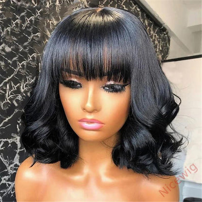 Natural Black Medium Hair Bob Body Wave Wig With Bangs