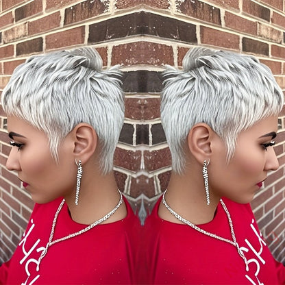 Short Straight Pixie Cut Wig Silvery Grey Brazilian Remy Hair