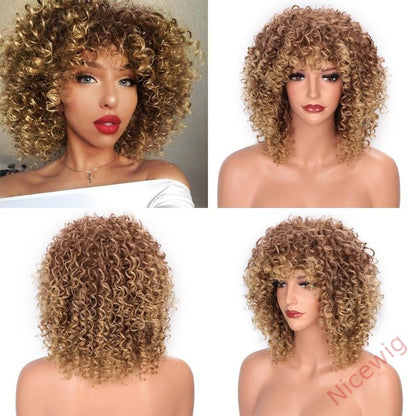 Salt and Pepper Curly Hair Wig With Bangs Glueless Wigs