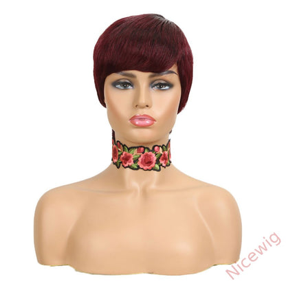 Glueless Wine Red Short pixie cut Wig 4 Inch Bob Straight Hair