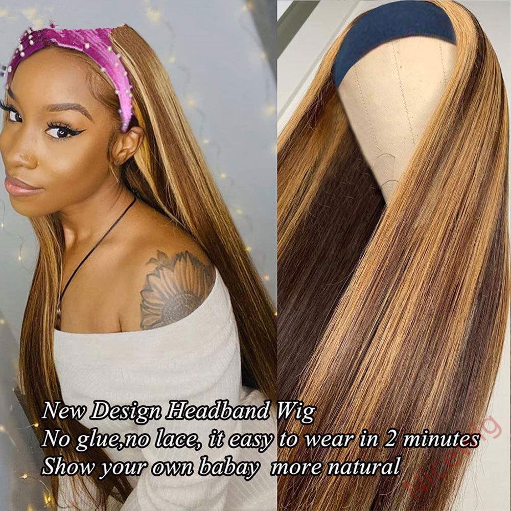 Brown Mixed Gold Long Straight Hair Headband Wig