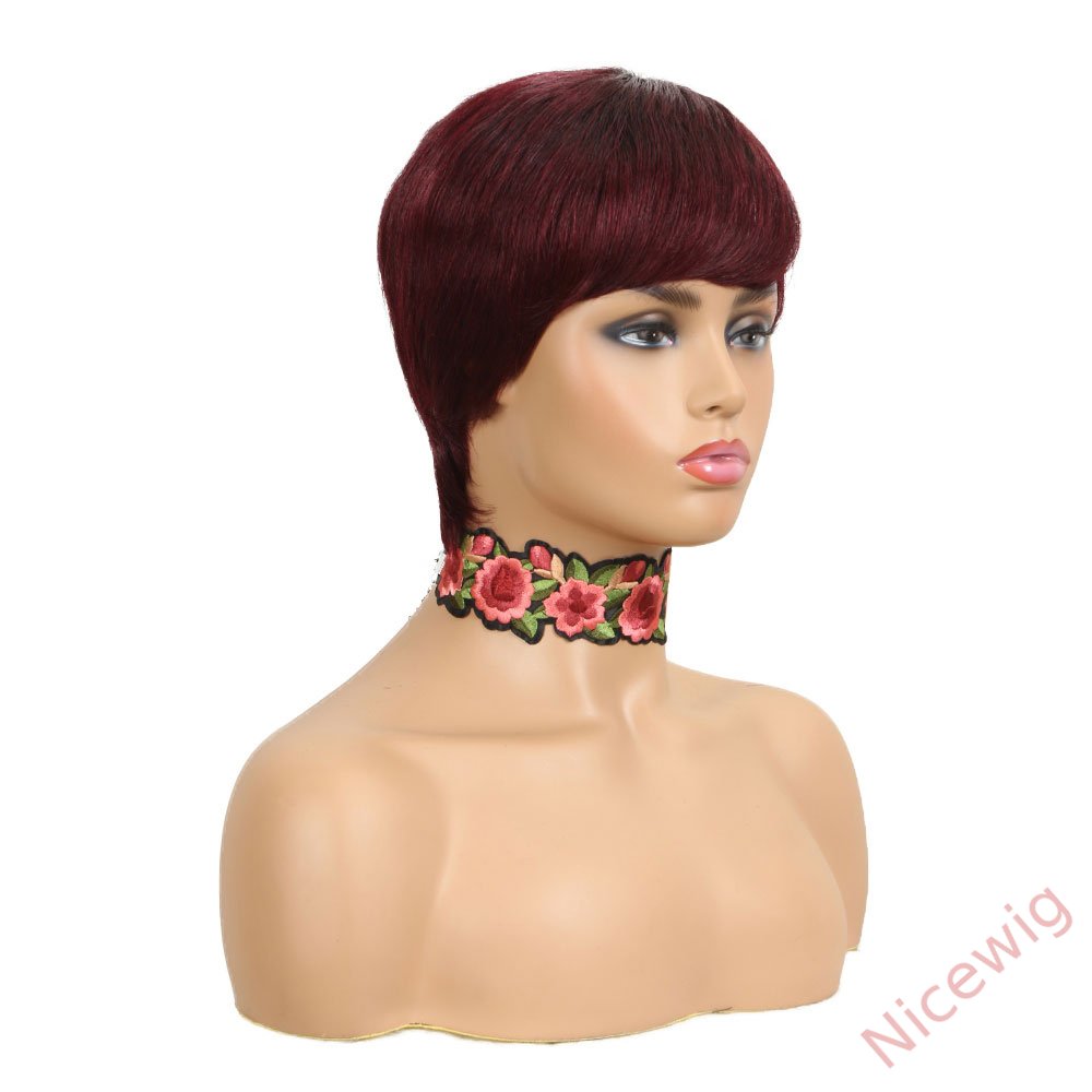 Glueless Wine Red Short pixie cut Wig 4 Inch Bob Straight Hair