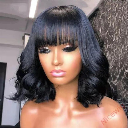 Natural Black Medium Hair Bob Body Wave Wig With Bangs