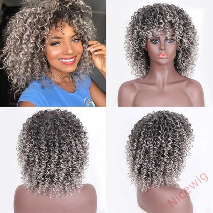 Salt and Pepper Curly Hair Wig With Bangs Glueless Wigs