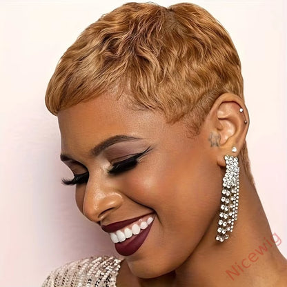 Glueless Golden Straight Hair Short Pixe Cut Wig