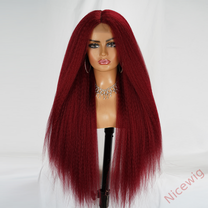 Glueless Wine Red Kinky straight 200% density brazilian Yaki Wig