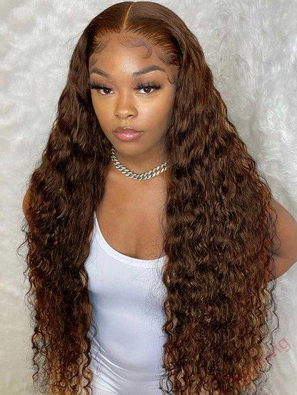 Glueless Dark Brown Brazilian Water Wave Long Curly Wigs