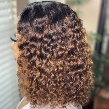 Black Gradient Light Brown Short Bob Centre Parting Curly Wig