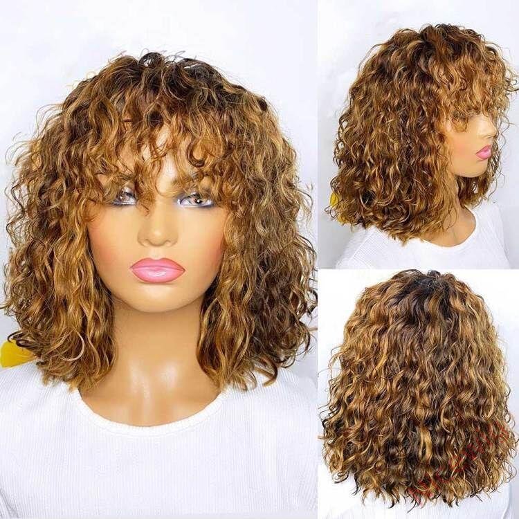 Light Brown/Black Color Brazilian Remy Curly Hair Wig With Bangs