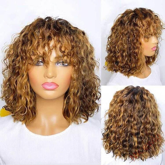 Light Brown/Black Color Brazilian Remy Curly Hair Wig With Bangs