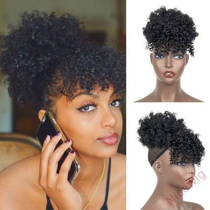 Gray Afro Puff Drawstring Ponytail with Bangs Wigs