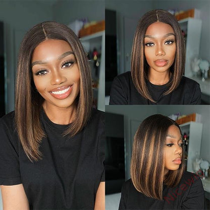 Straight Bob Wig Brown Mixed Blonde Highlights Wig