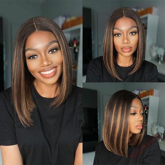 Straight Bob Wig Brown Mixed Blonde Highlights Wig