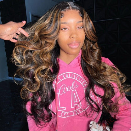 Glueless Brown Mixed Blonde Highlights Loose Wave Long Wig