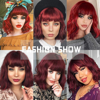 Wine Red Medium Hiar Bob Body Wave Wig With Bangs